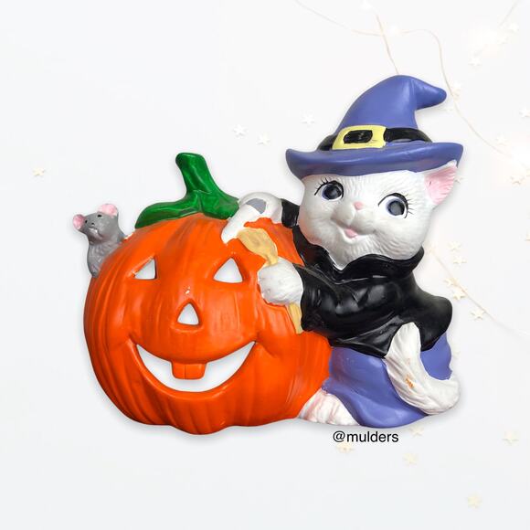 Vintage Hand Painted Halloween White Cat & Pumpkin Figure Decor - Picture 1 of 13